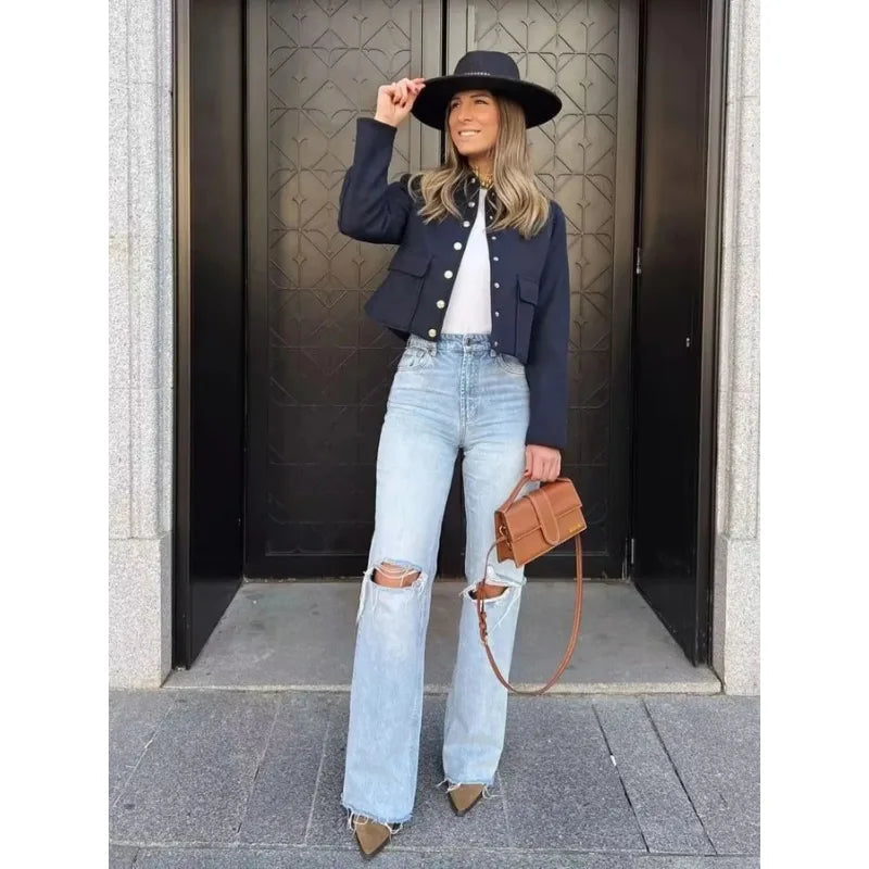 Amber | Women's Cropped Button Front Bomber Jacket Luvy Boutique