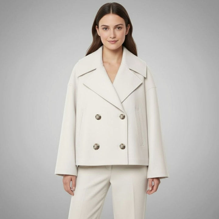 Women's Cropped Double-Breasted Short Jacket Tailored Peacoat - Beige