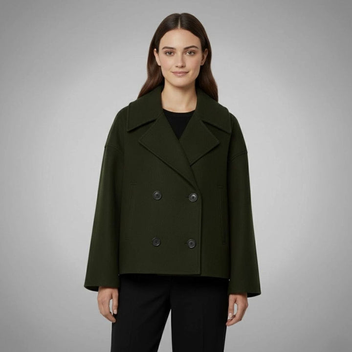 Women's Cropped Double-Breasted Short Jacket Tailored Peacoat - Green