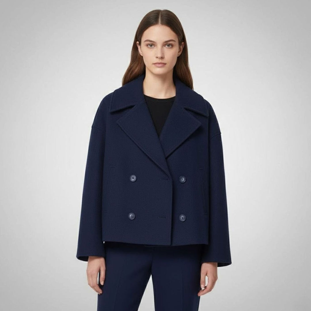 Women's Cropped Double-Breasted Short Jacket Tailored Peacoat - Navy Blue