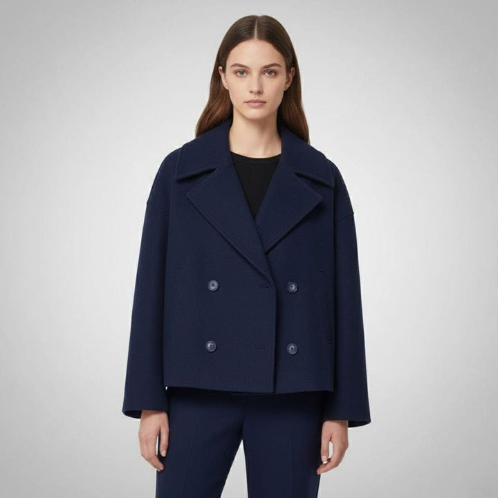 Women's Cropped Double-Breasted Short Jacket Tailored Peacoat - Navy Blue