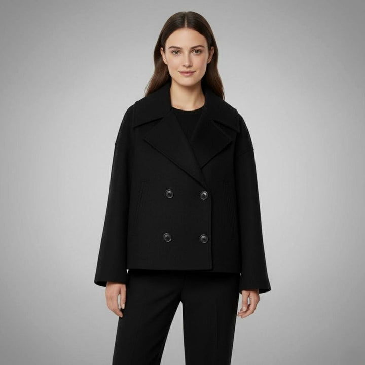 Women's Cropped Double-Breasted Short Jacket Tailored Peacoat - Black