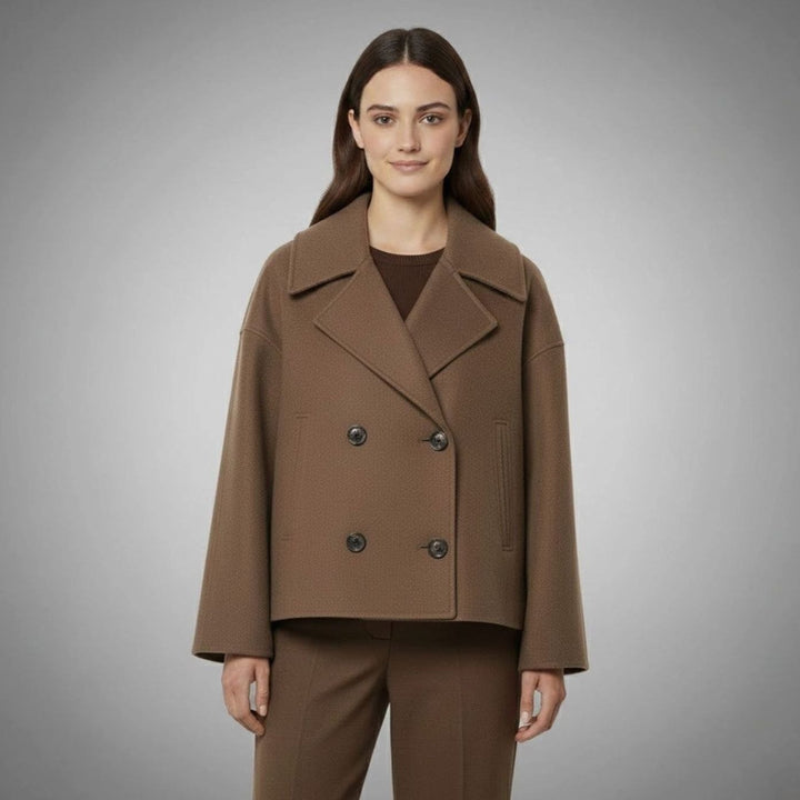 Women's Cropped Double-Breasted Short Jacket Tailored Peacoat - Brown