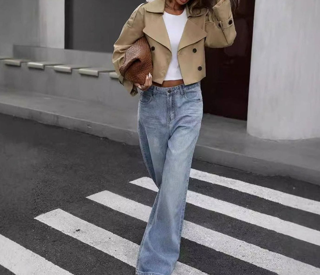 Women's Cropped Double-Breasted Trench Jacket Wide-Lapel Outerwear