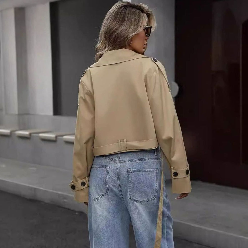 Women's Cropped Double-Breasted Trench Jacket Wide-Lapel Outerwear