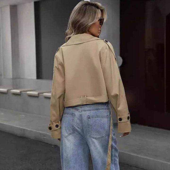 Women's Cropped Double-Breasted Trench Jacket Wide-Lapel Outerwear