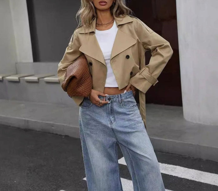 Women's Cropped Double-Breasted Trench Jacket Wide-Lapel Outerwear - Khaki