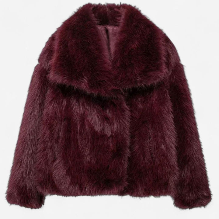 Women's Cropped Faux Fur Oversized-Collar Warm Jacket - Burgundy