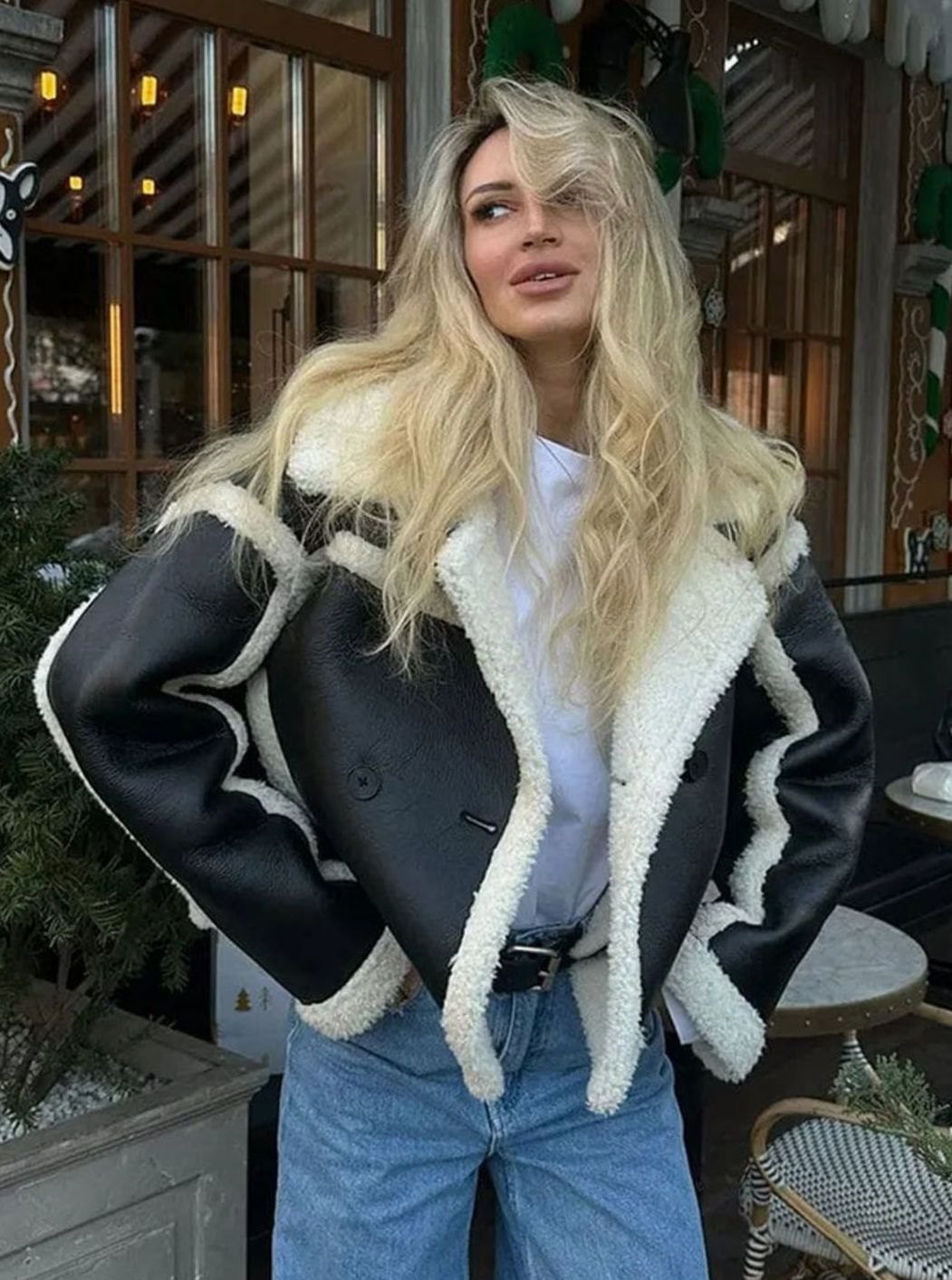 Women's Cropped Faux Leather Shearling Jacket Lapel Collar - Black