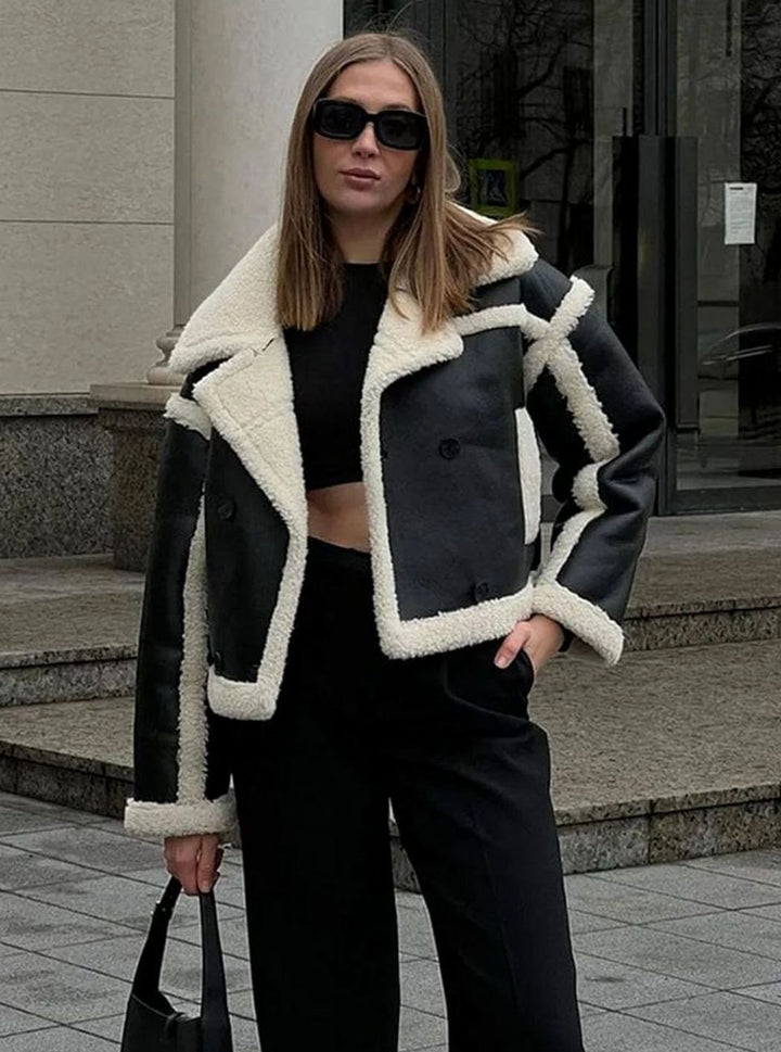 Women's Cropped Faux Leather Shearling Jacket Lapel Collar
