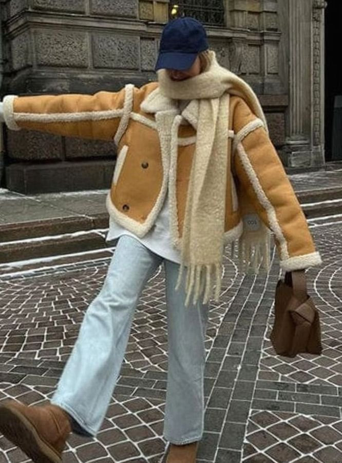 Women's Cropped Faux Leather Shearling Jacket Lapel Collar