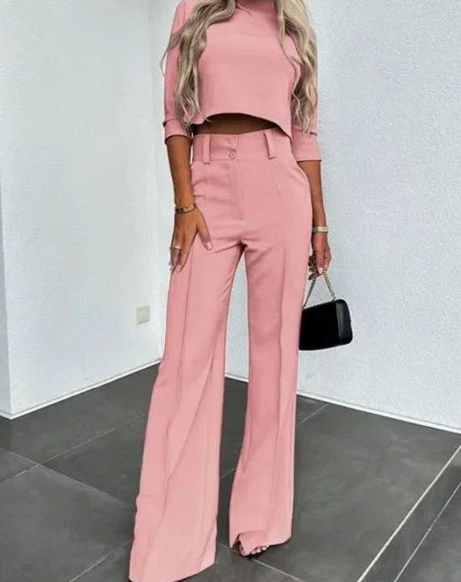 Women's Cropped Mock-Neck Matching Top High-Waist Wide-Leg Pants Set - Pink