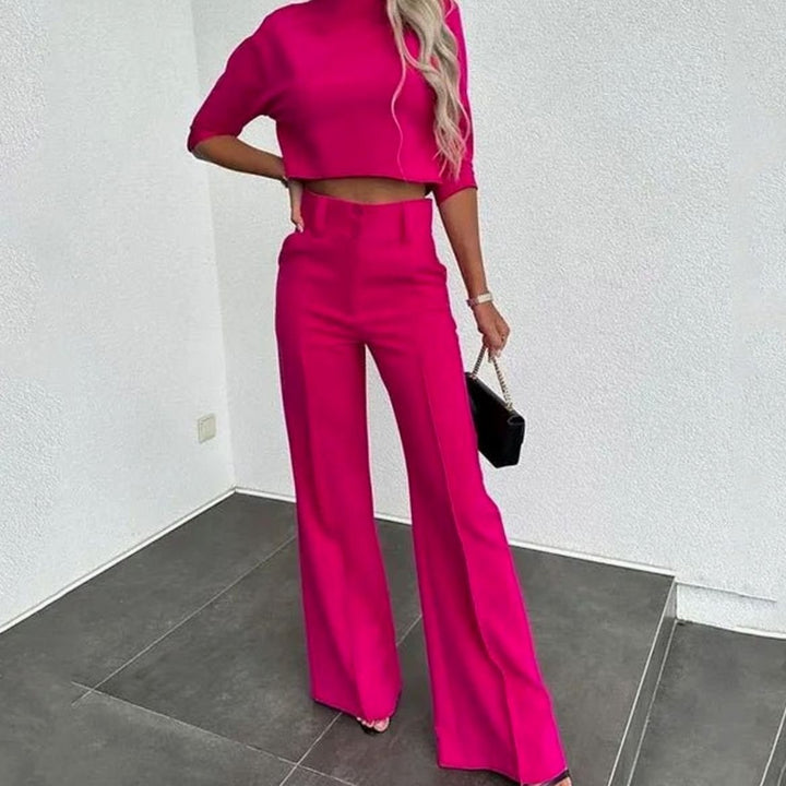 Women's Cropped Mock-Neck Matching Top High-Waist Wide-Leg Pants Set - Dark Pink
