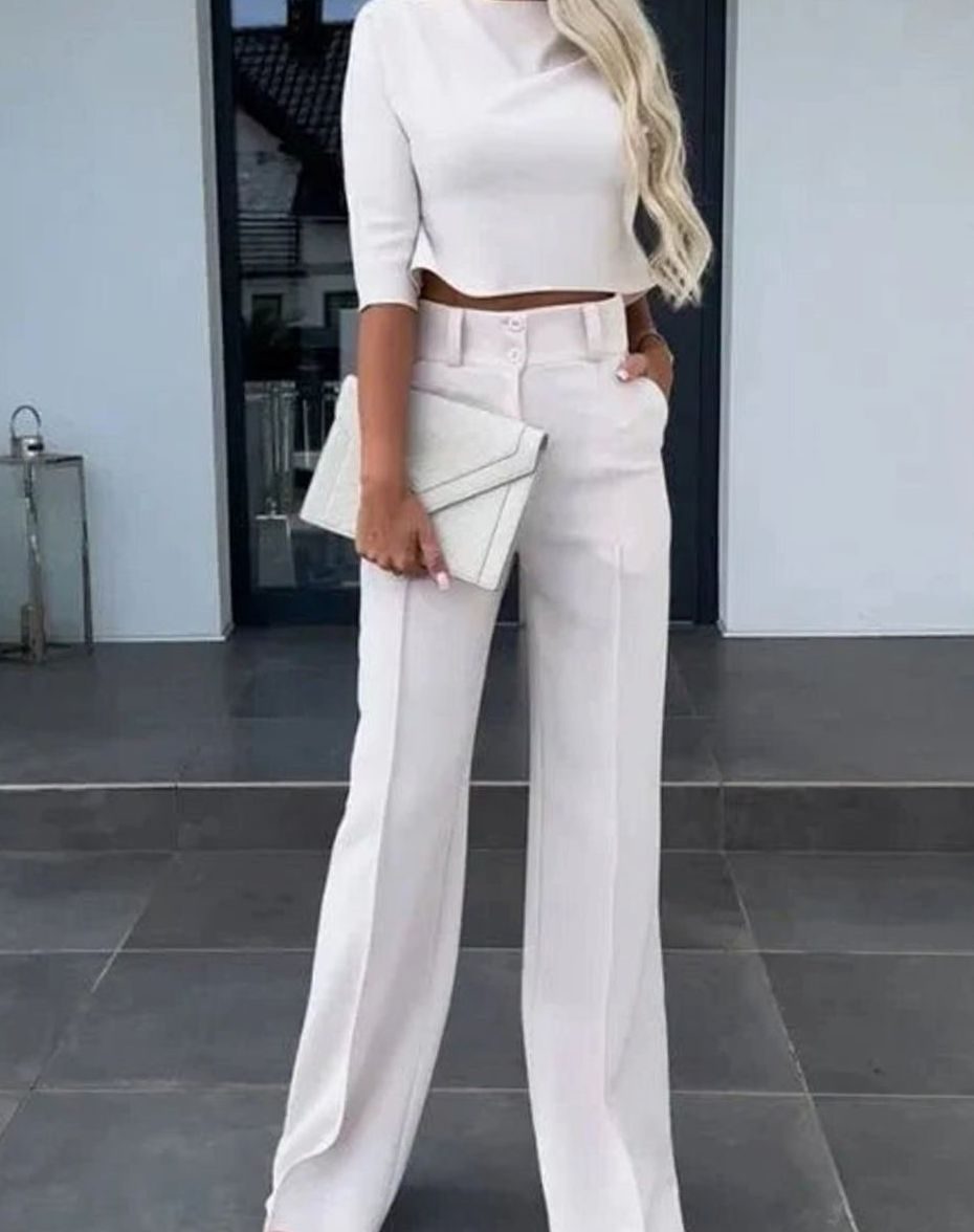Women's Cropped Mock-Neck Matching Top High-Waist Wide-Leg Pants Set - White