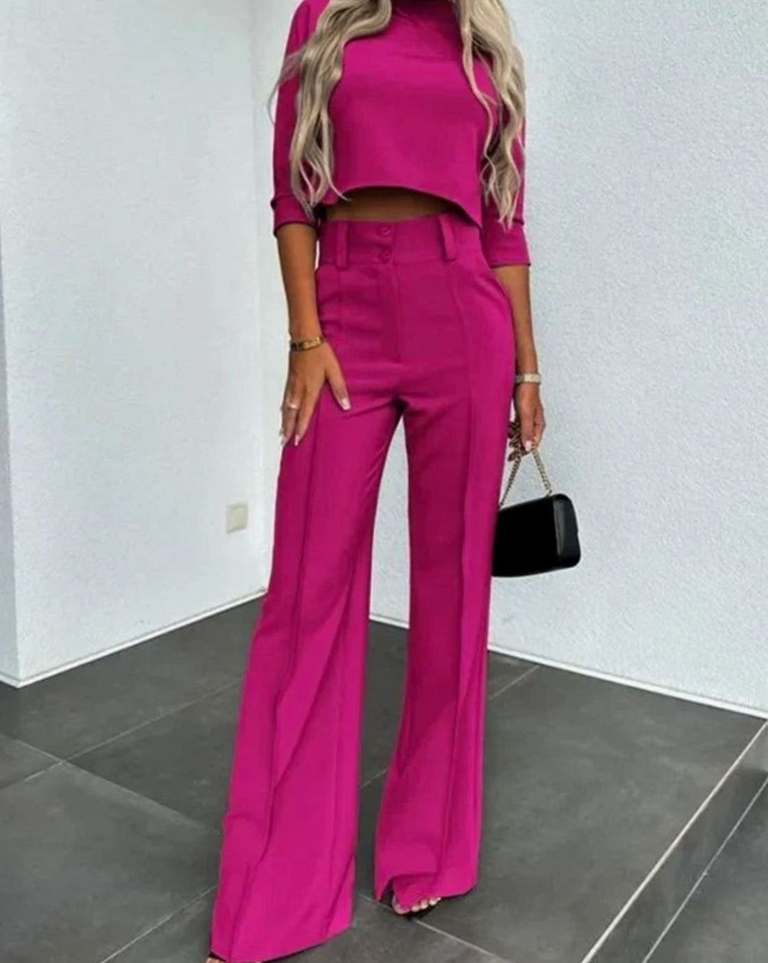 Women's Cropped Mock-Neck Matching Top High-Waist Wide-Leg Pants Set