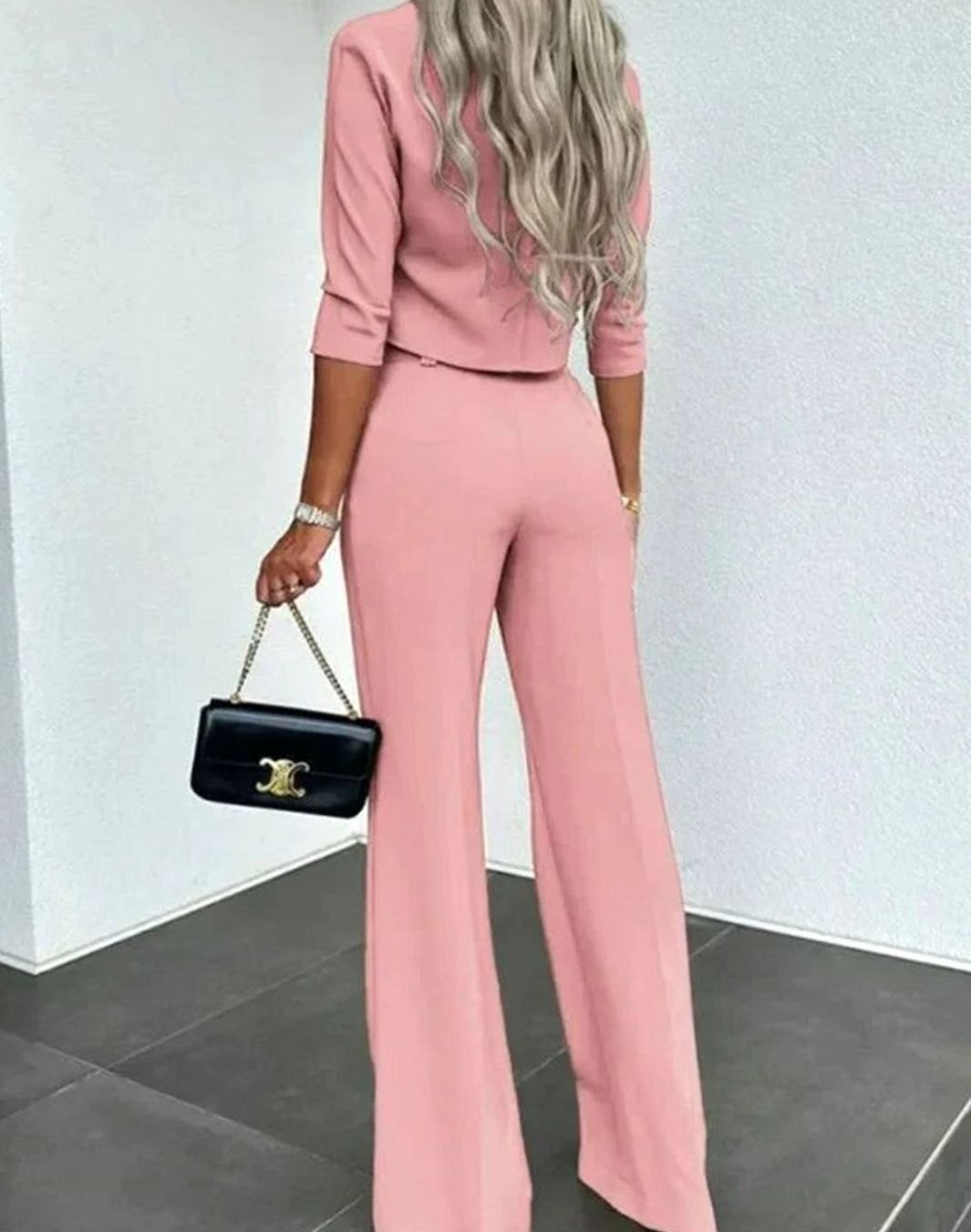 Women's Cropped Mock-Neck Matching Top High-Waist Wide-Leg Pants Set