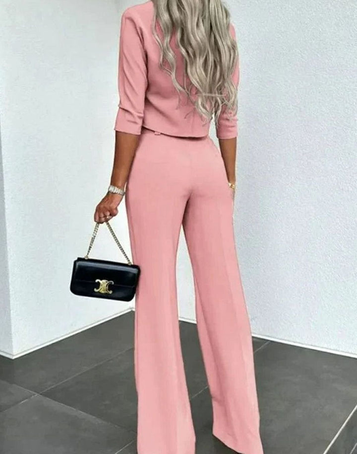 Women's Cropped Mock-Neck Matching Top High-Waist Wide-Leg Pants Set