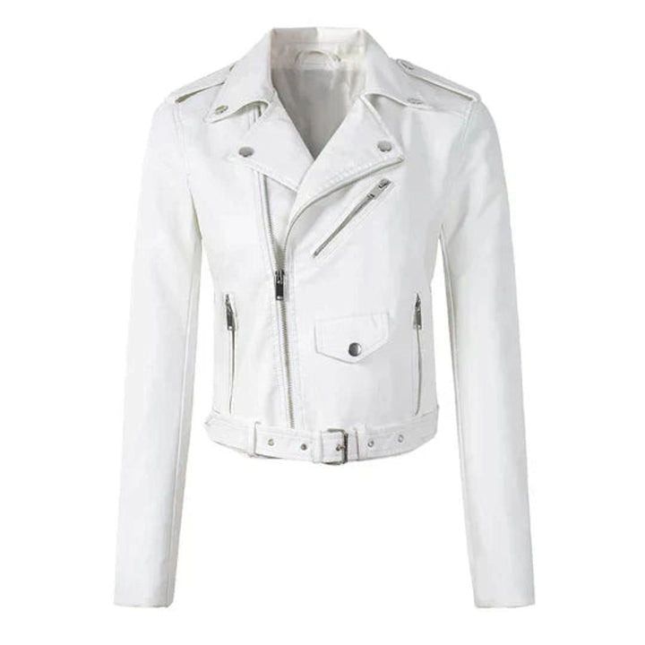 Women's Cropped Moto Faux Leather Jacket Belted Biker - White