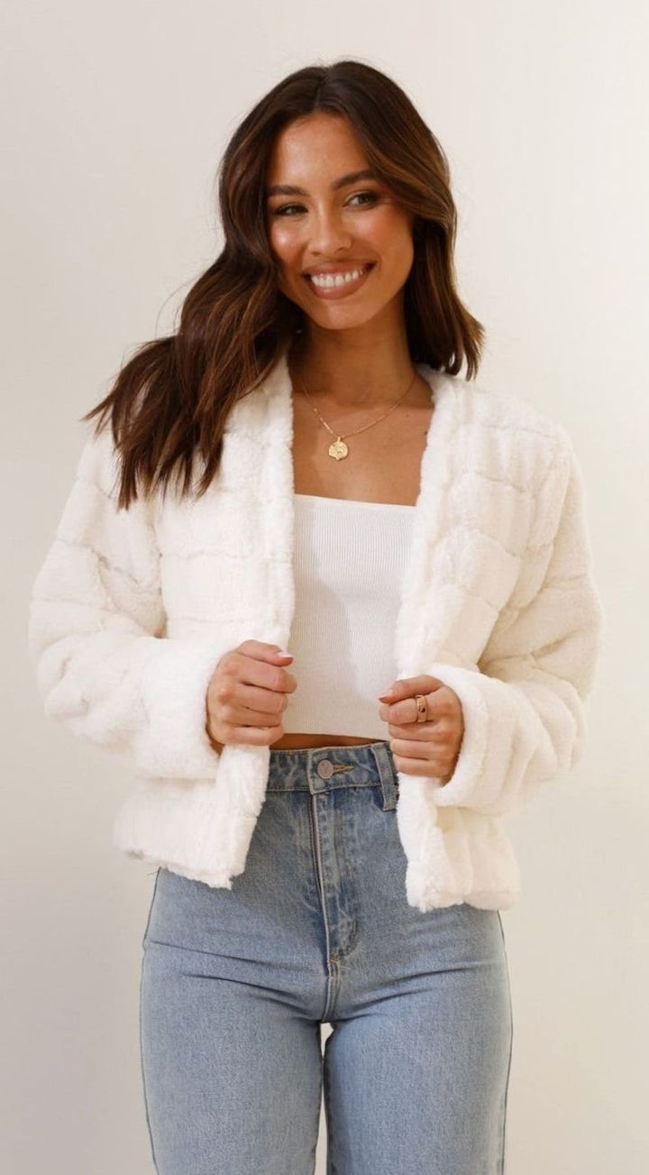 Women's Cropped Open-Front Faux Fur Evening Jacket - White