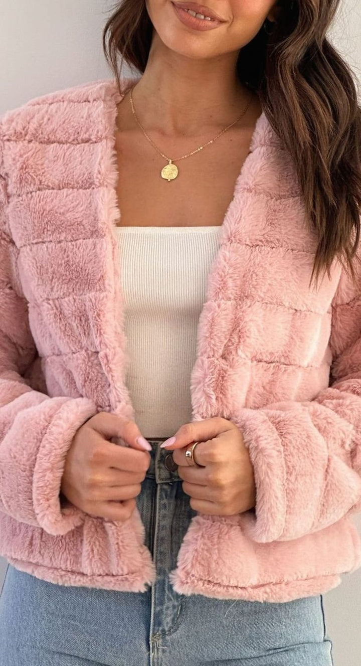 Women's Cropped Open-Front Faux Fur Evening Jacket - Pink