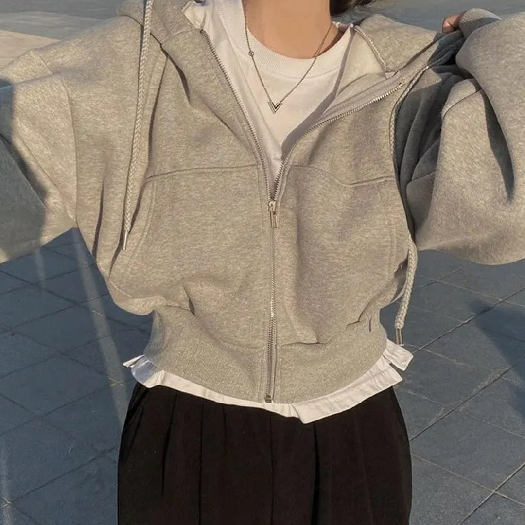 Women's Cropped Zip-Up Hoodie Oversized Fleece Sweatshirt - Light Grey