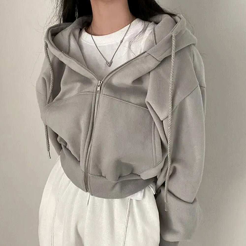 Women's Cropped Zip-Up Hoodie Oversized Fleece Sweatshirt - Grey