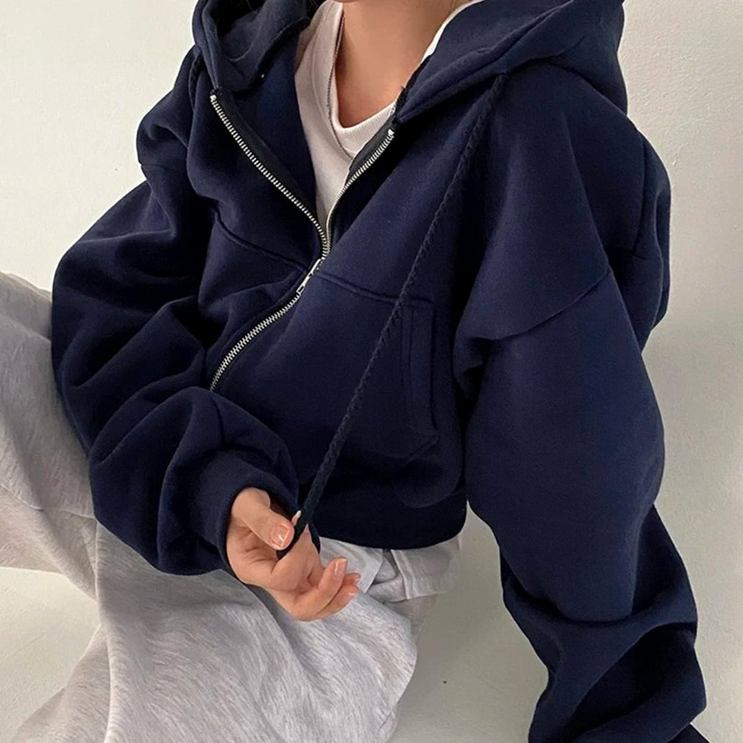 Women's Cropped Zip-Up Hoodie Oversized Fleece Sweatshirt - Blue