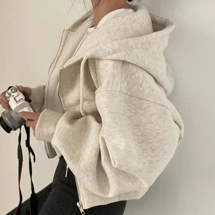 Women's Cropped Zip-Up Hoodie Oversized Fleece Sweatshirt - Beige