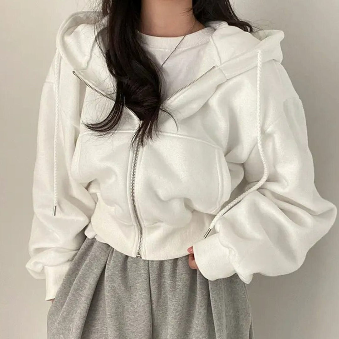 Women's Cropped Zip-Up Hoodie Oversized Fleece Sweatshirt - White