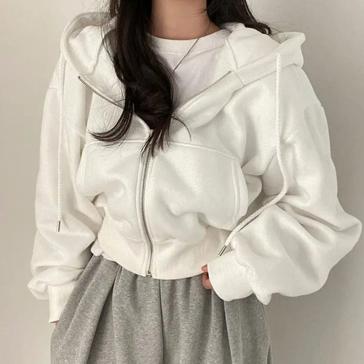 Women's Cropped Zip-Up Hoodie Oversized Fleece Sweatshirt - White