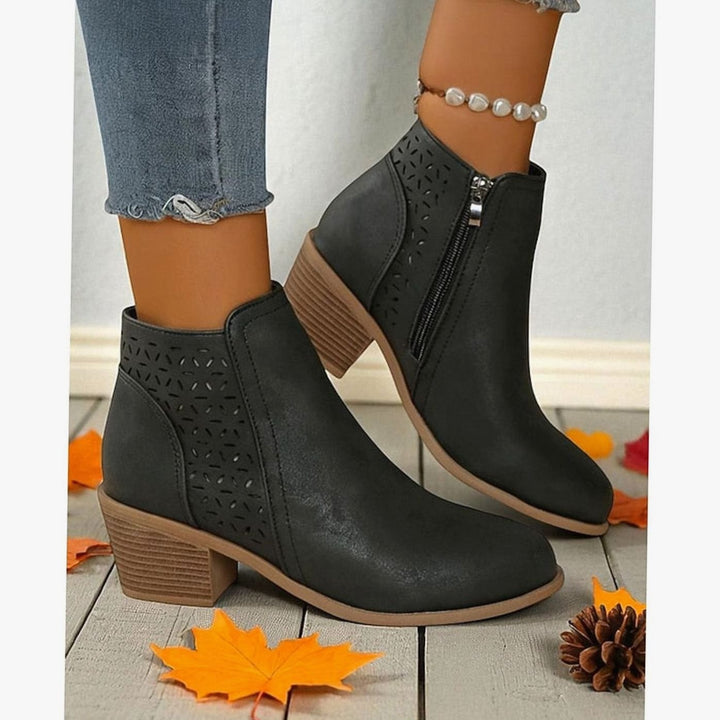Women's Cutout Low Block-Heel Side-Zip Ankle Boots, Black