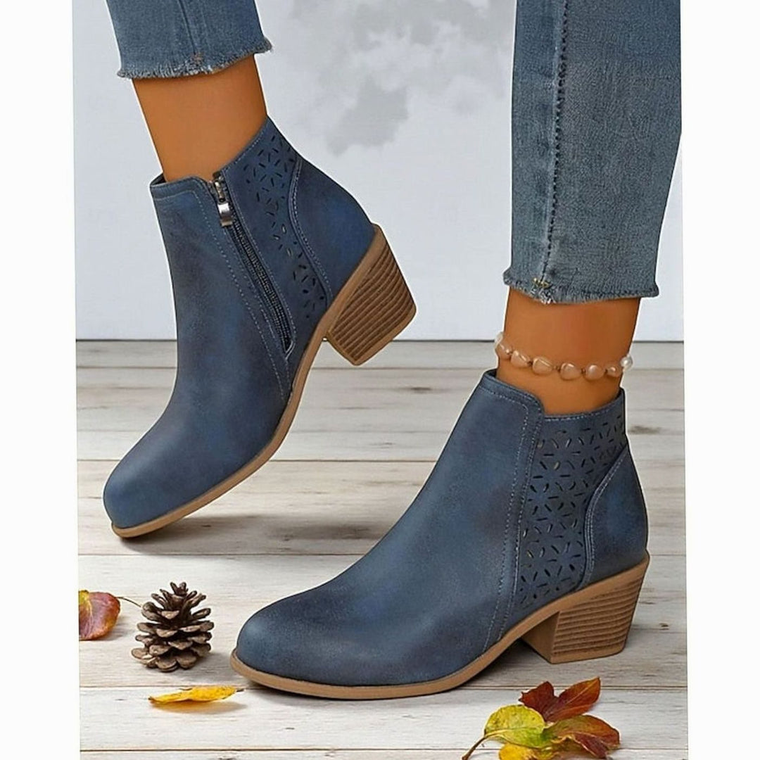 Women's Cutout Low Block-Heel Side-Zip Ankle Boots, Black - Blue