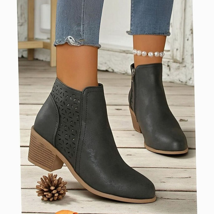 Women's Cutout Low Block-Heel Side-Zip Ankle Boots, Black - Black