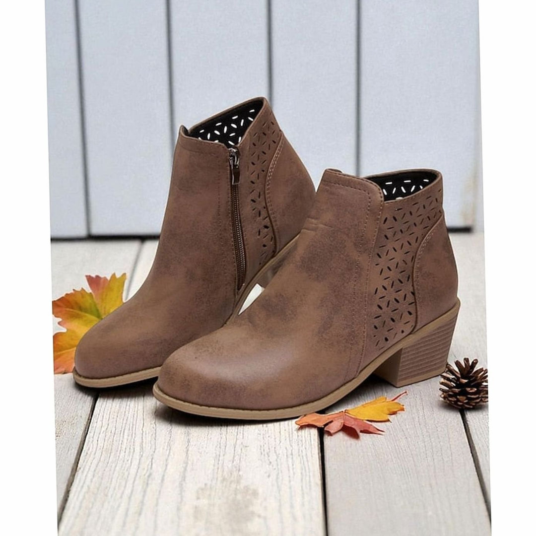 Women's Cutout Low Block-Heel Side-Zip Ankle Boots, Black - Brown