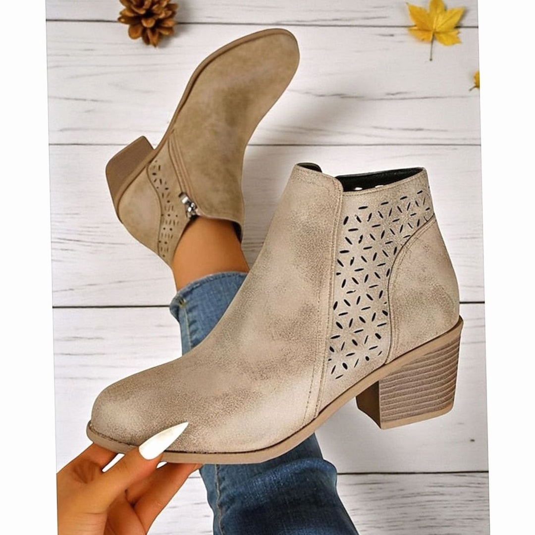 Women's Cutout Low Block-Heel Side-Zip Ankle Boots, Black - Khaki