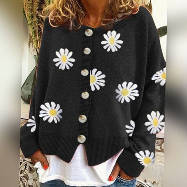 Women's Daisy Floral Button-Front Relaxed-Fit Winter Cardigan Sweater - Black