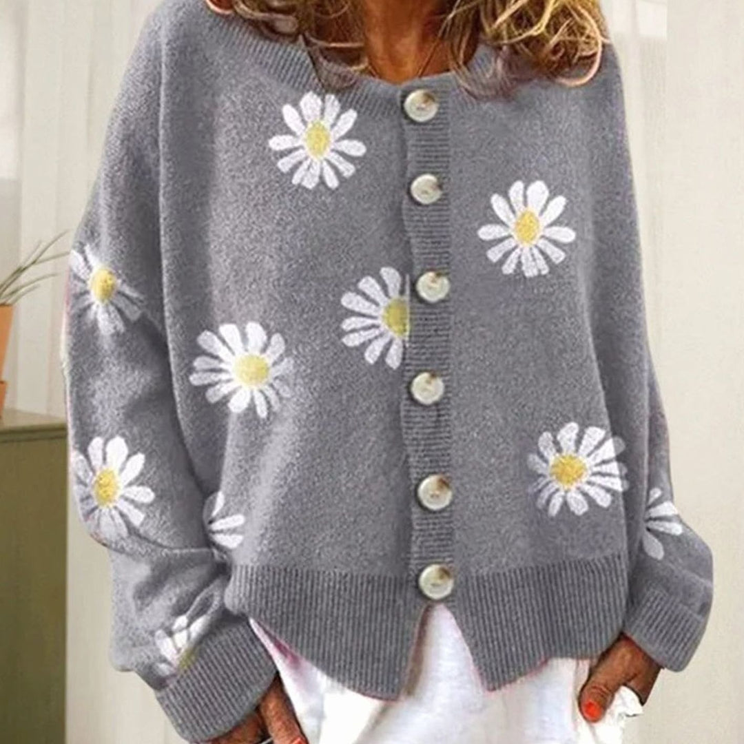 Women's Daisy Floral Button-Front Relaxed-Fit Winter Cardigan Sweater