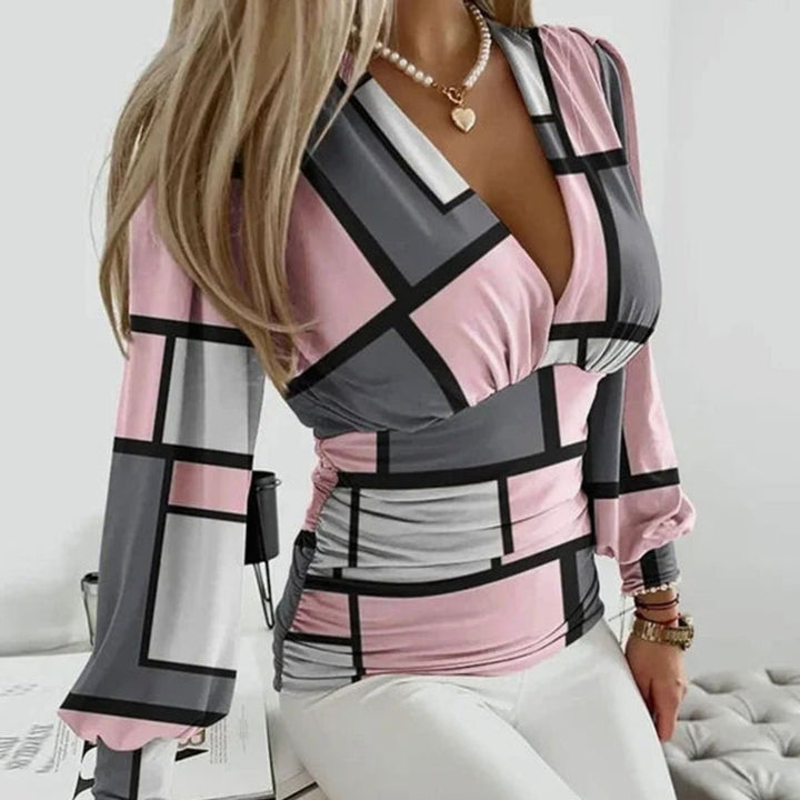 Women's Deep V-Neck Ruched Waist Blouse Long-Sleeve Fitted Top - Geometric Pink and Gray