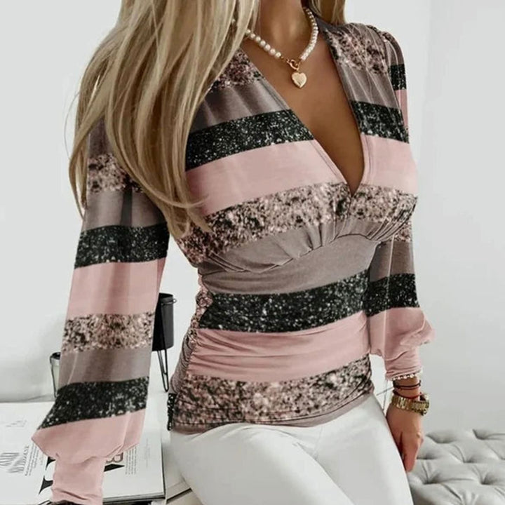 Women's Deep V-Neck Ruched Waist Blouse Long-Sleeve Fitted Top - Pink and Black Stripes