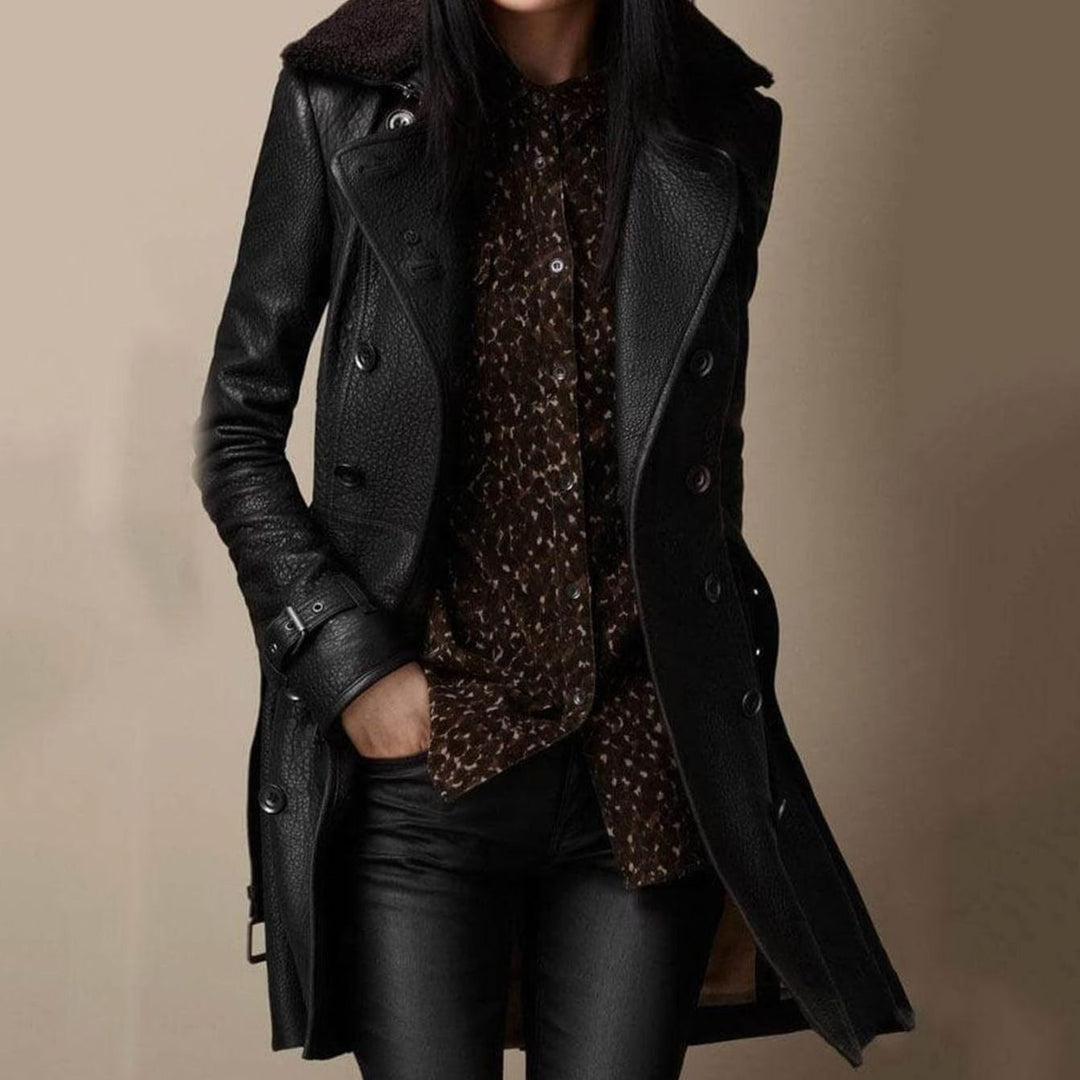 Women's Double-Breasted Belted Leather Longline Coat