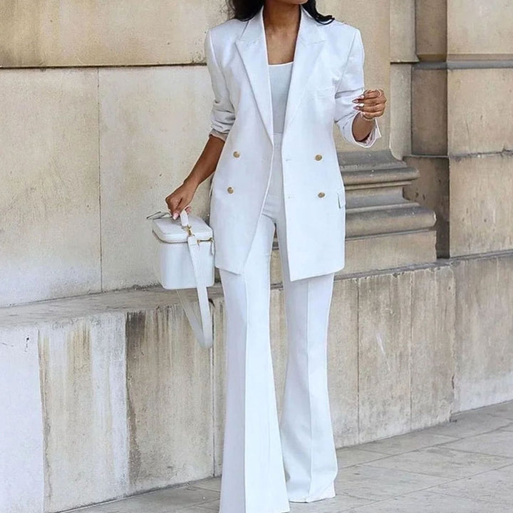 Women's Double-Breasted Blazer Flare Pants Formal Suit Set - White