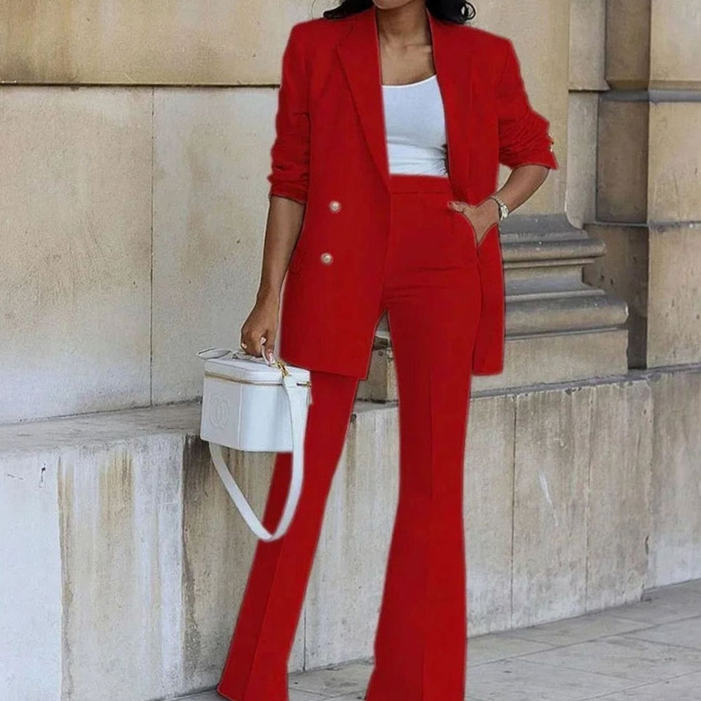 Women's Double-Breasted Blazer Flare Pants Formal Suit Set - Red