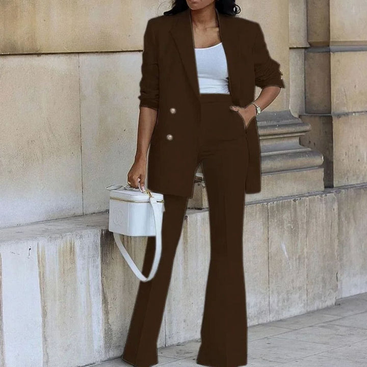 Women's Double-Breasted Blazer Flare Pants Formal Suit Set - Coffee