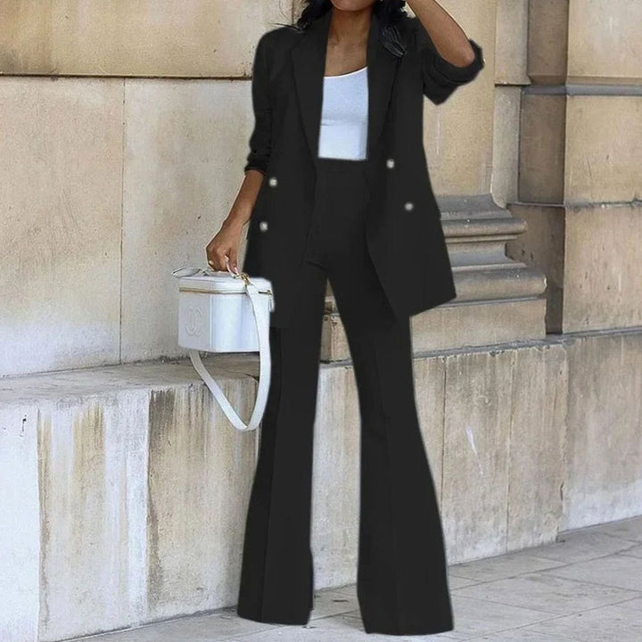 Women's Double-Breasted Blazer Flare Pants Formal Suit Set - Black