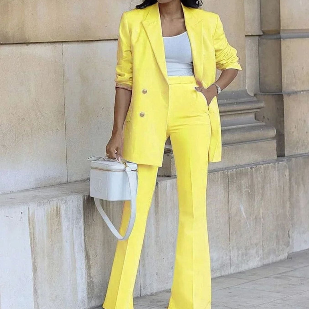 Women's Double-Breasted Blazer Flare Pants Formal Suit Set - Yellow