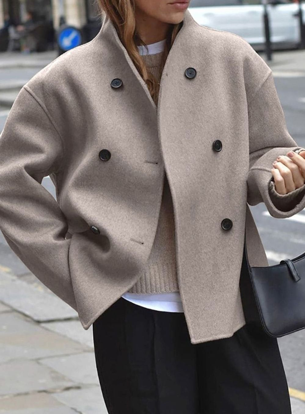 Women's Double-Breasted Coat Tailored Short Wool-Look Jacket - Khaki