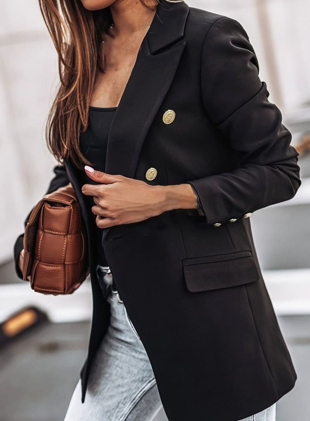 Women's Double-Breasted Gold-Button Blazer Slim Tailored Workwear Jacket - Black
