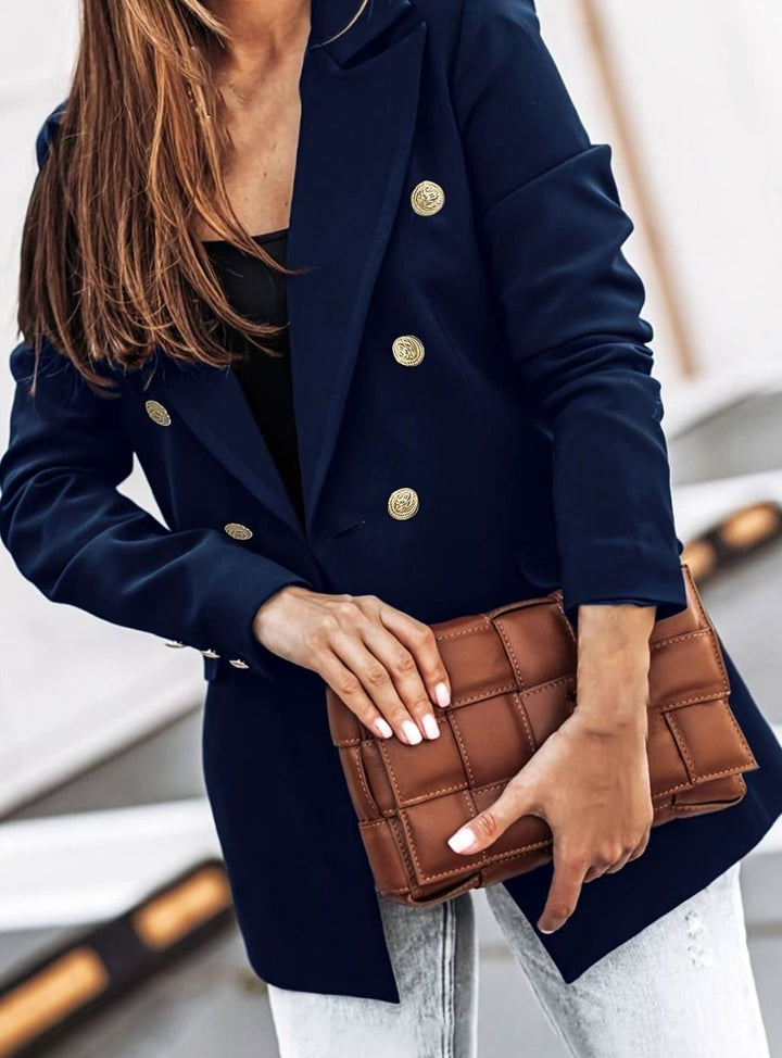 Women's Double-Breasted Gold-Button Blazer Slim Tailored Workwear Jacket - Blue