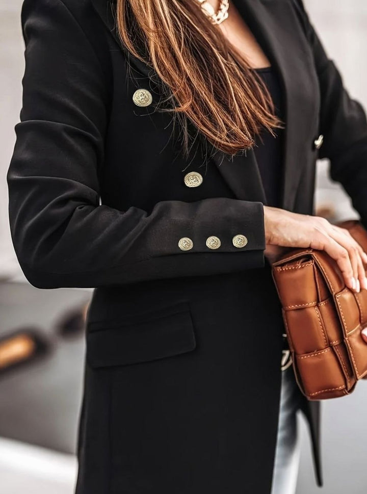 Women's Double-Breasted Gold-Button Blazer Slim Tailored Workwear Jacket