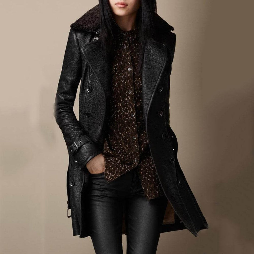 Women's Double-Breasted Shearling-Collar 3/4 Leather Jacket